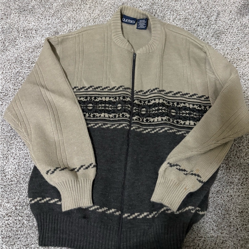 American Vintage 1990s Puritan Men's Tan and Dark Gray Zip-Up Sweater